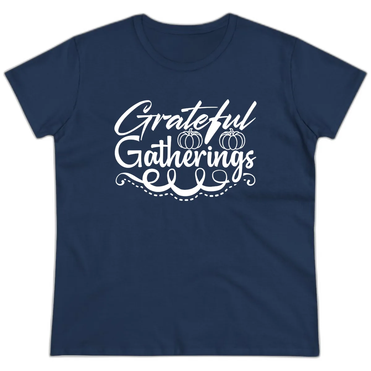 Grateful Gatherings With Pumpkins Ladies Tee in Navy