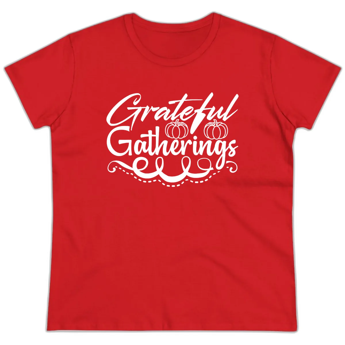 Grateful Gatherings With Pumpkins Ladies Tee in Red