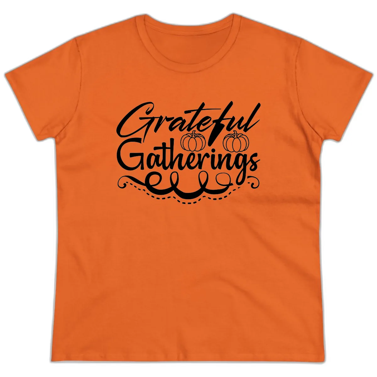 Grateful Gatherings With Pumpkins Ladies Tee in Orange