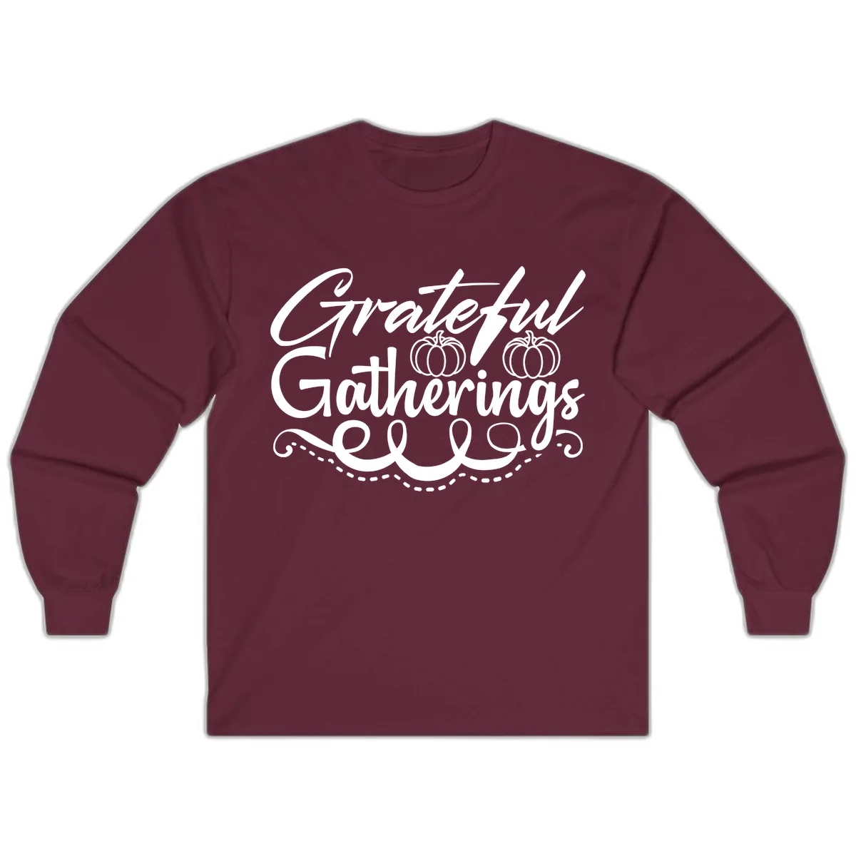Grateful Gatherings With Pumpkins Long Sleeve in Maroon