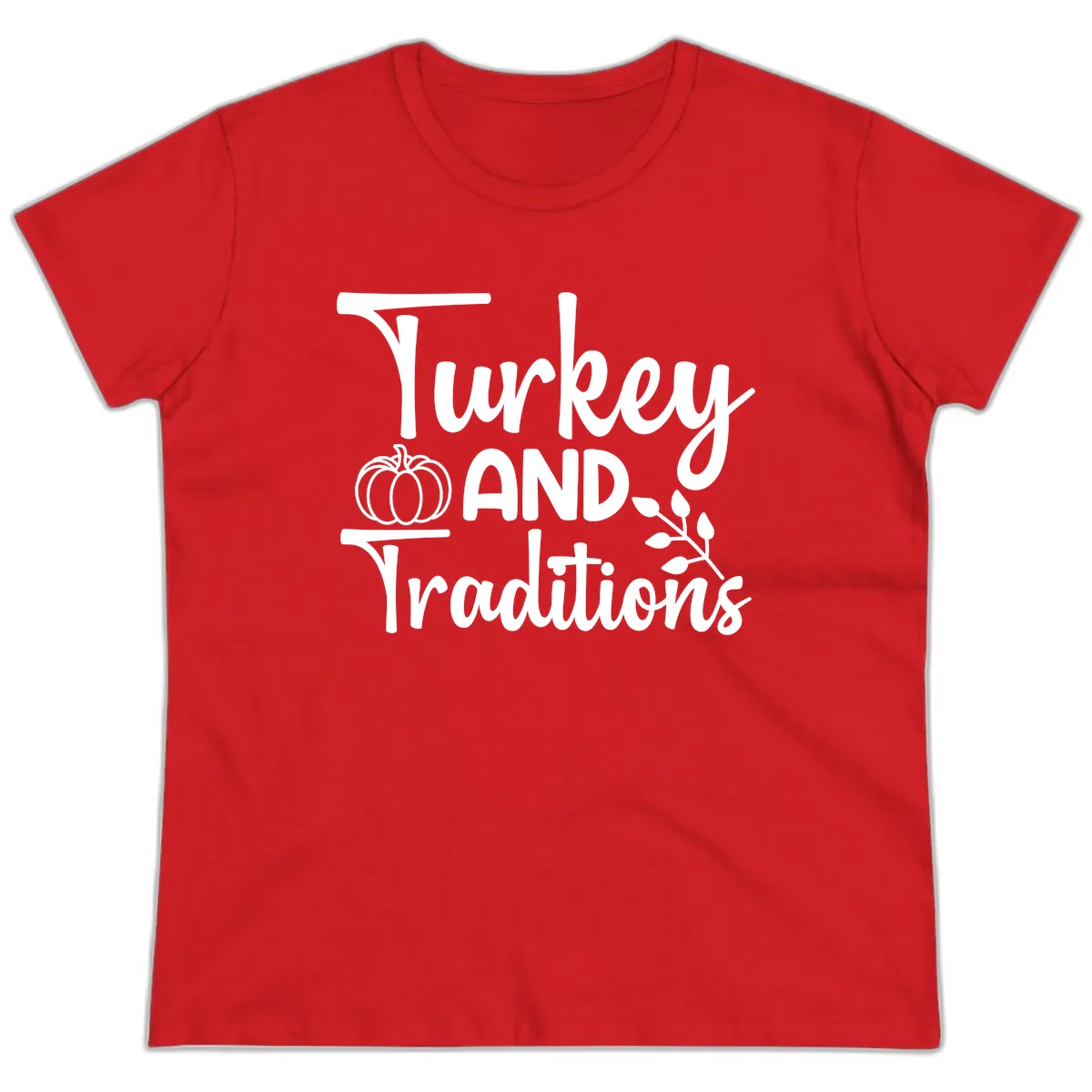Turkey And Traditions Thanksgiving Design Ladies Tee in Red