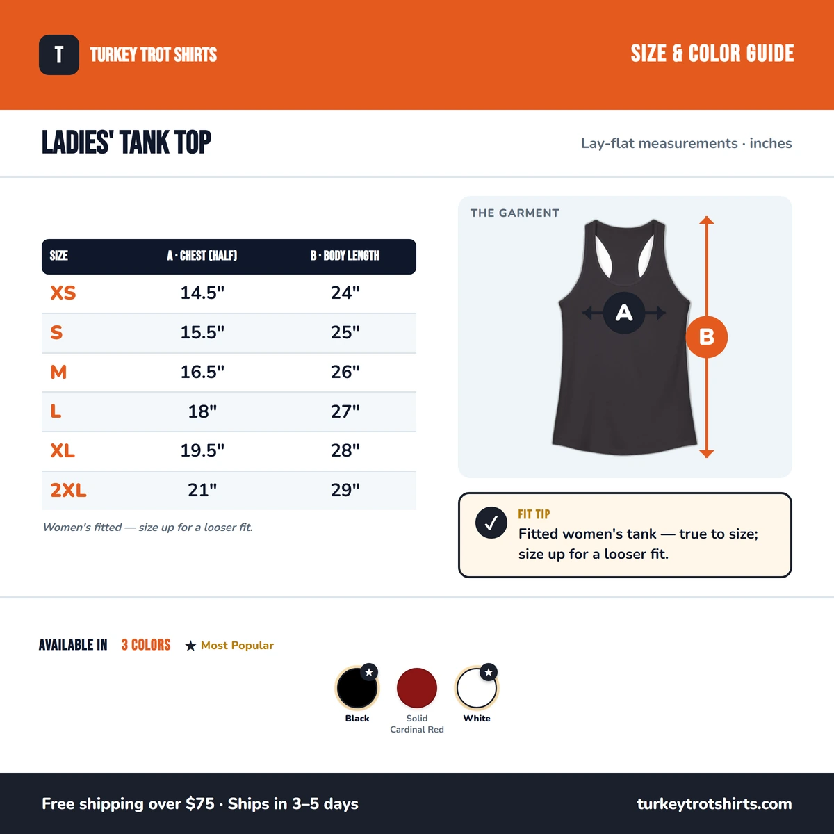 Ladies Tank size & color guide