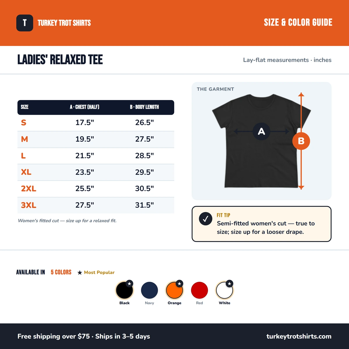 Ladies Tee size & color guide