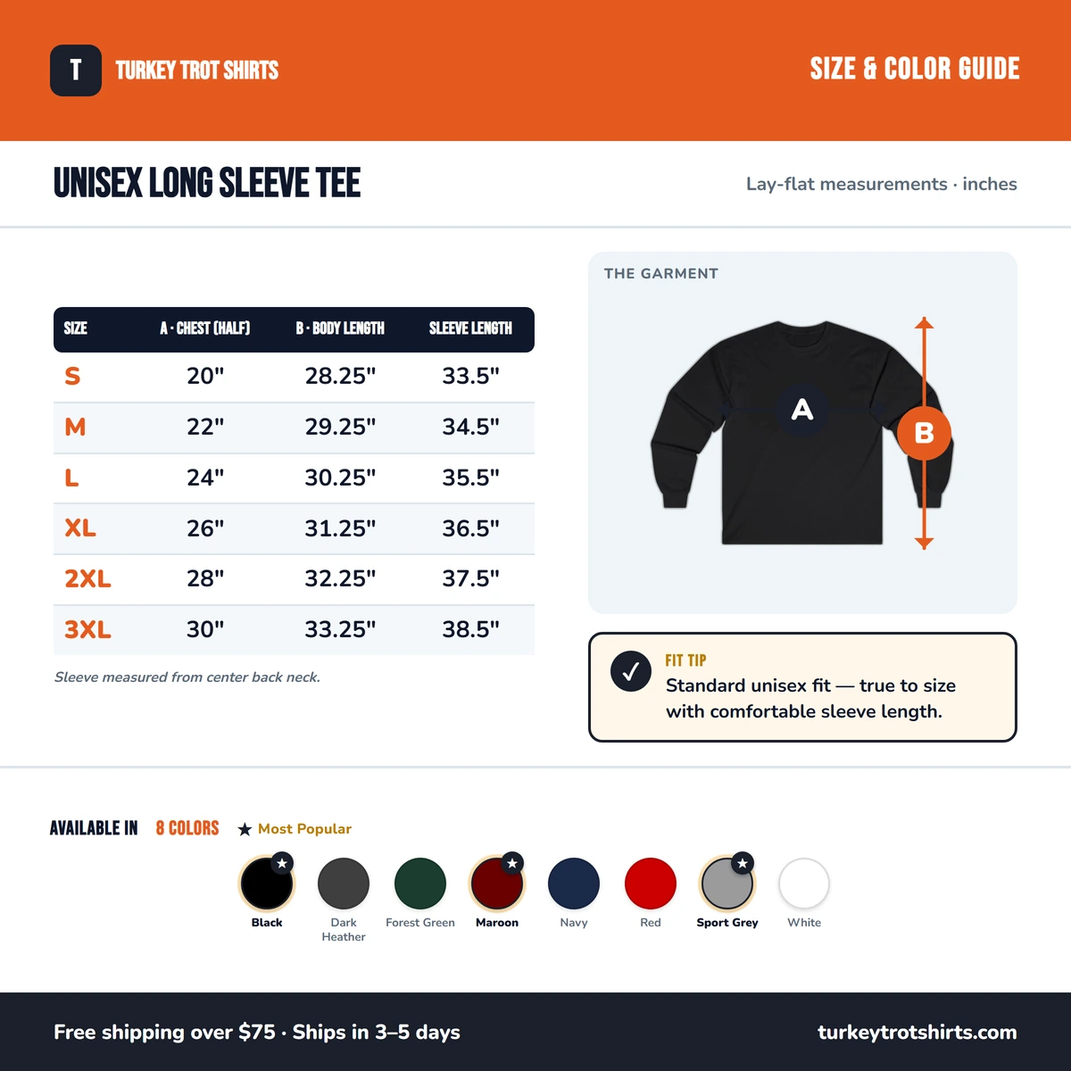 Long Sleeve size & color guide