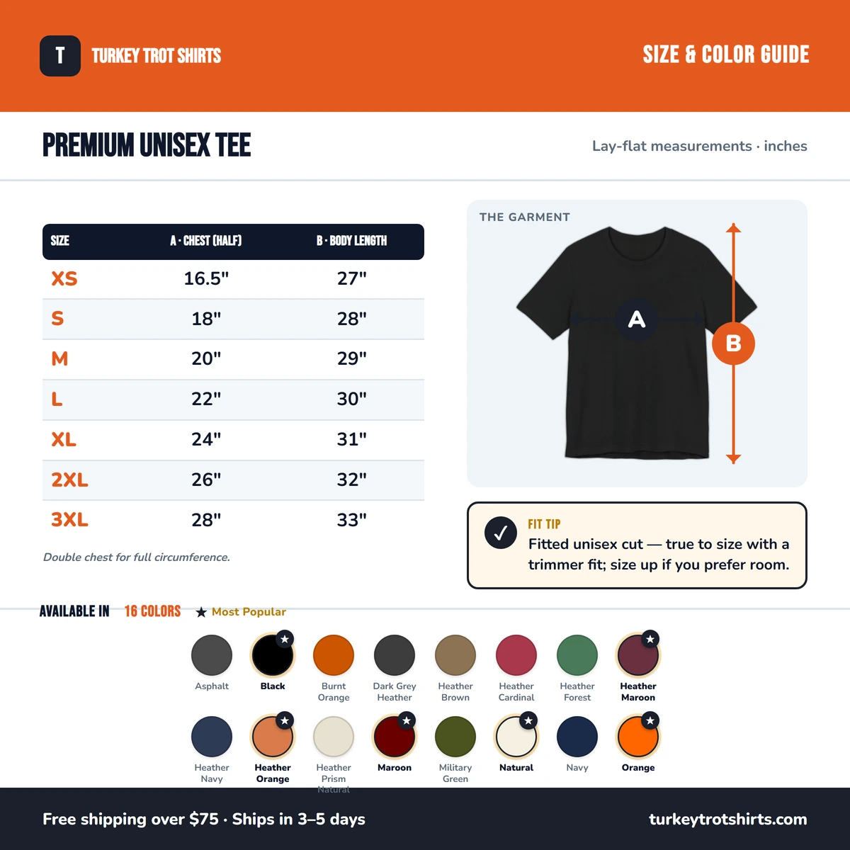 Premium T-Shirt size & color guide