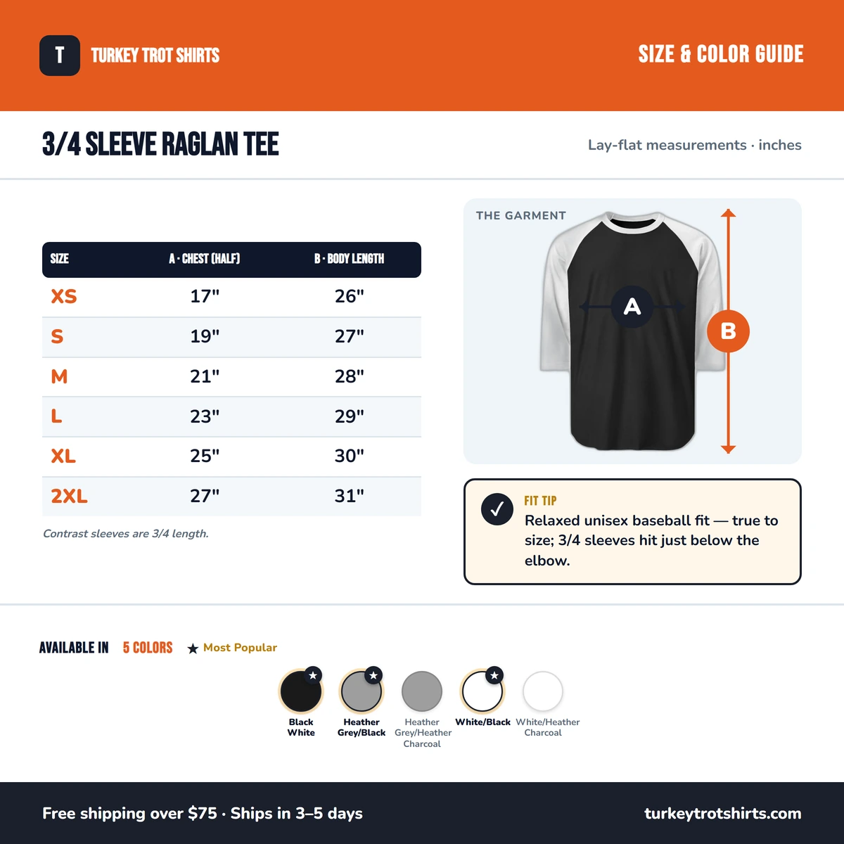 Raglan 3/4 size & color guide