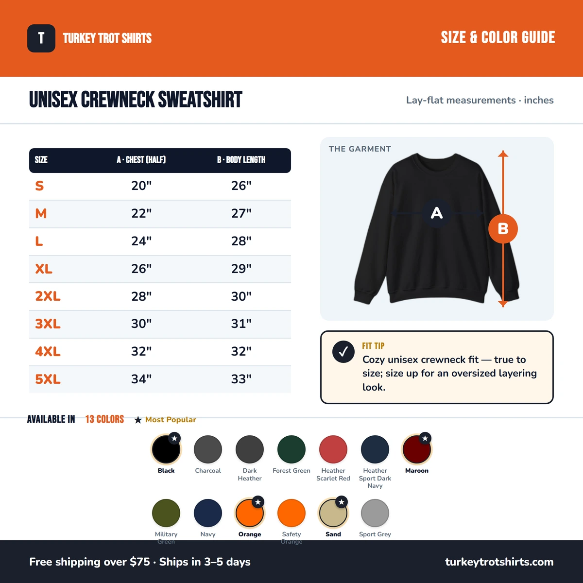 Sweatshirt size & color guide