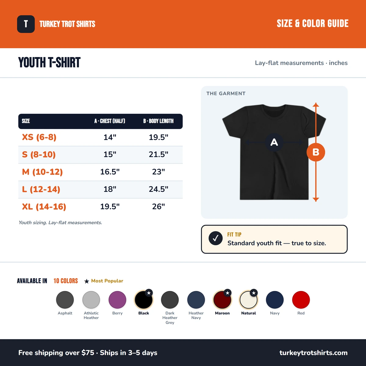 Youth T-Shirt size & color guide