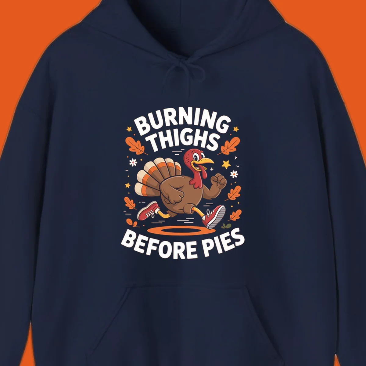 Illustration of a running turkey with text 'Burning Thighs Before Pies', for a Turkey Trot shirt.