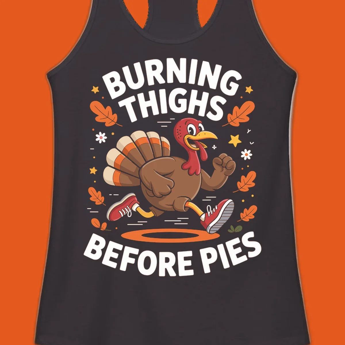 Illustration of a running turkey with text 'Burning Thighs Before Pies', for a Turkey Trot shirt.