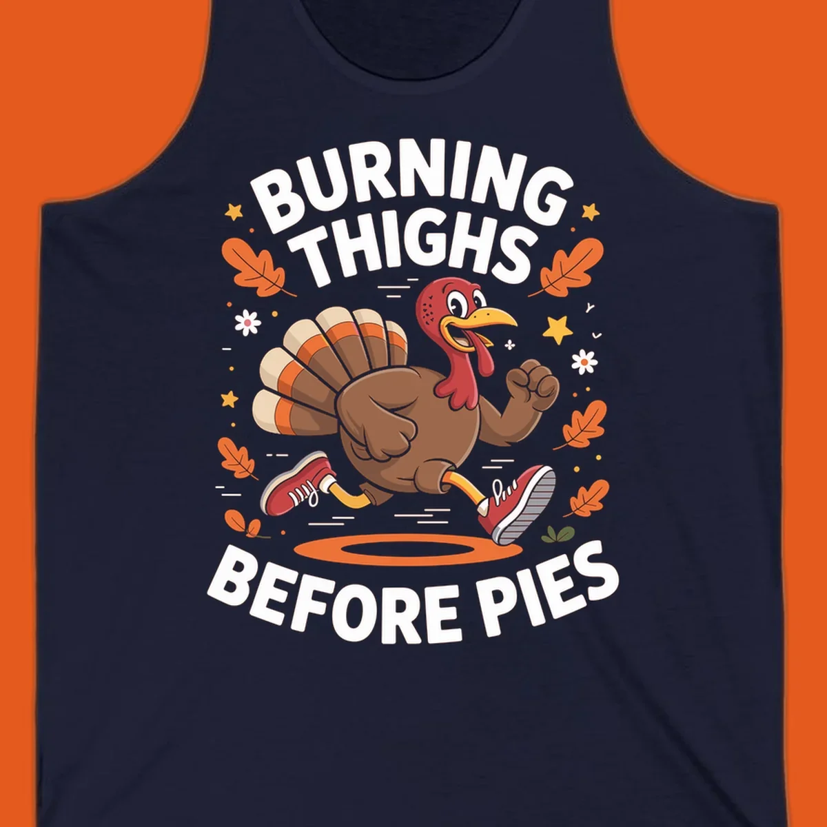Illustration of a running turkey with text 'Burning Thighs Before Pies', for a Turkey Trot shirt.