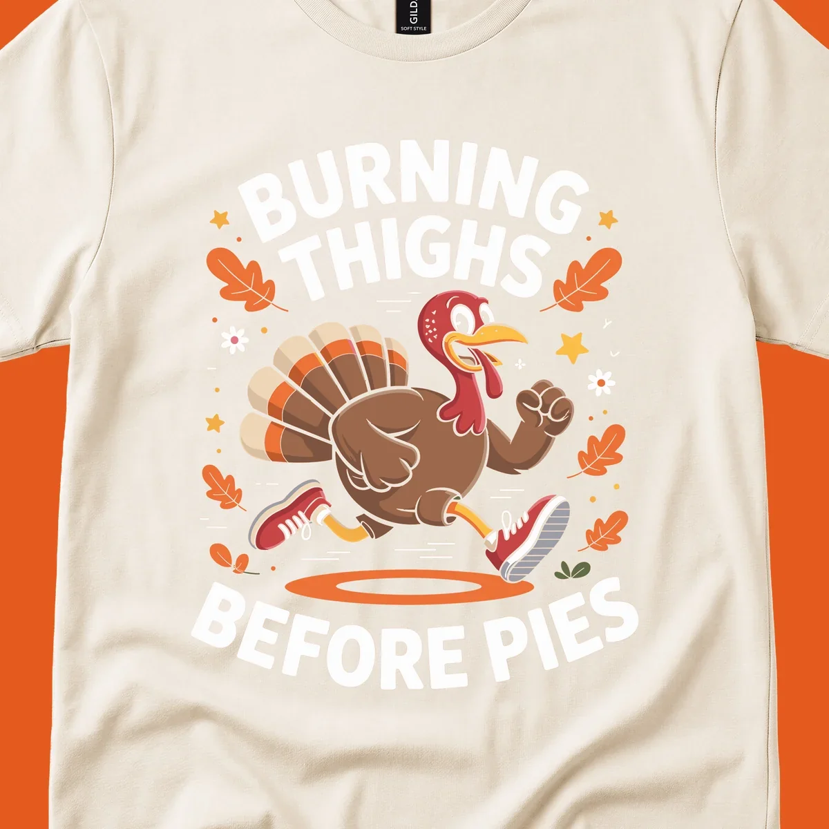 Illustration of a running turkey with text 'Burning Thighs Before Pies', for a Turkey Trot shirt.