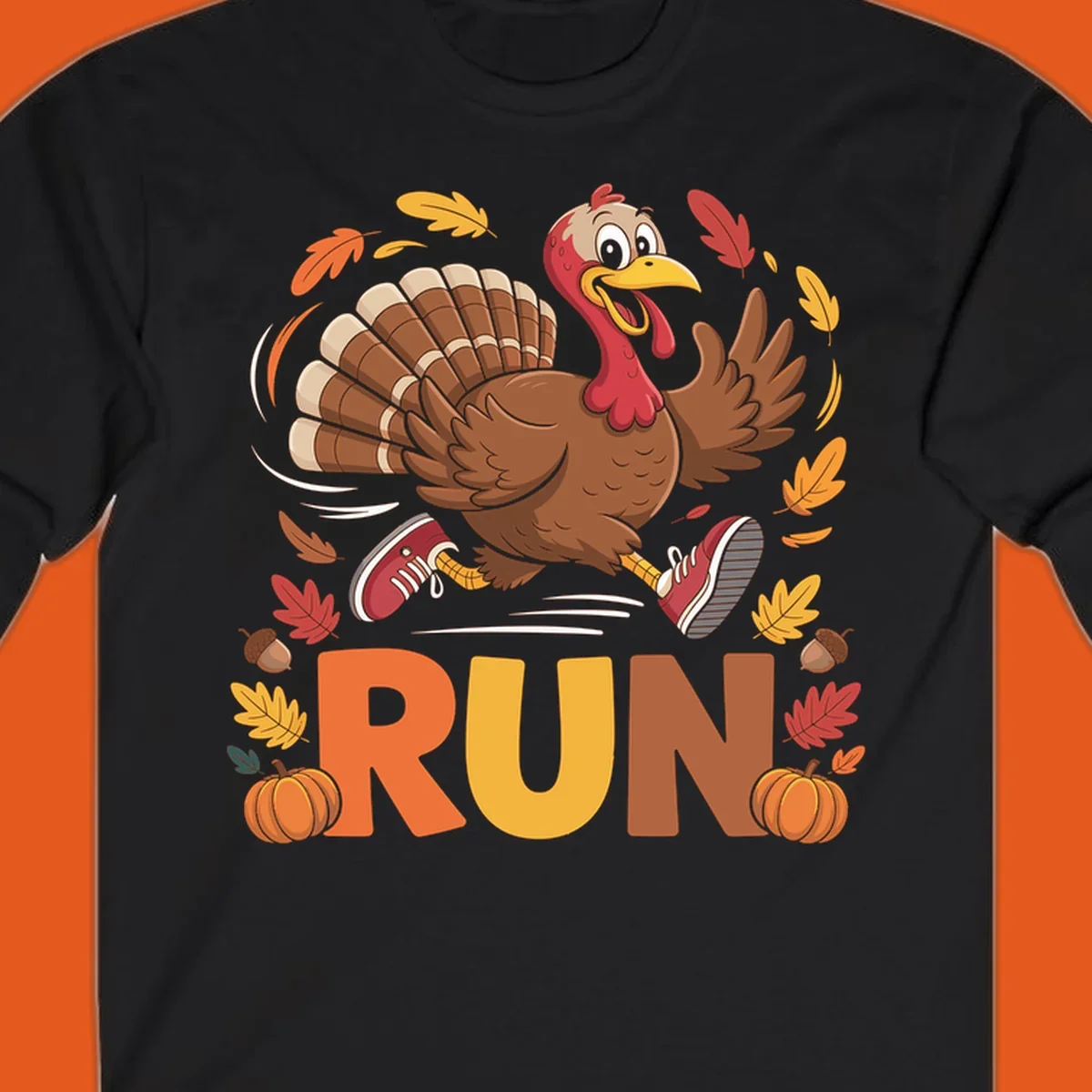 Running turkey illustration with 'RUN' text for Thanksgiving Turkey Trot races.