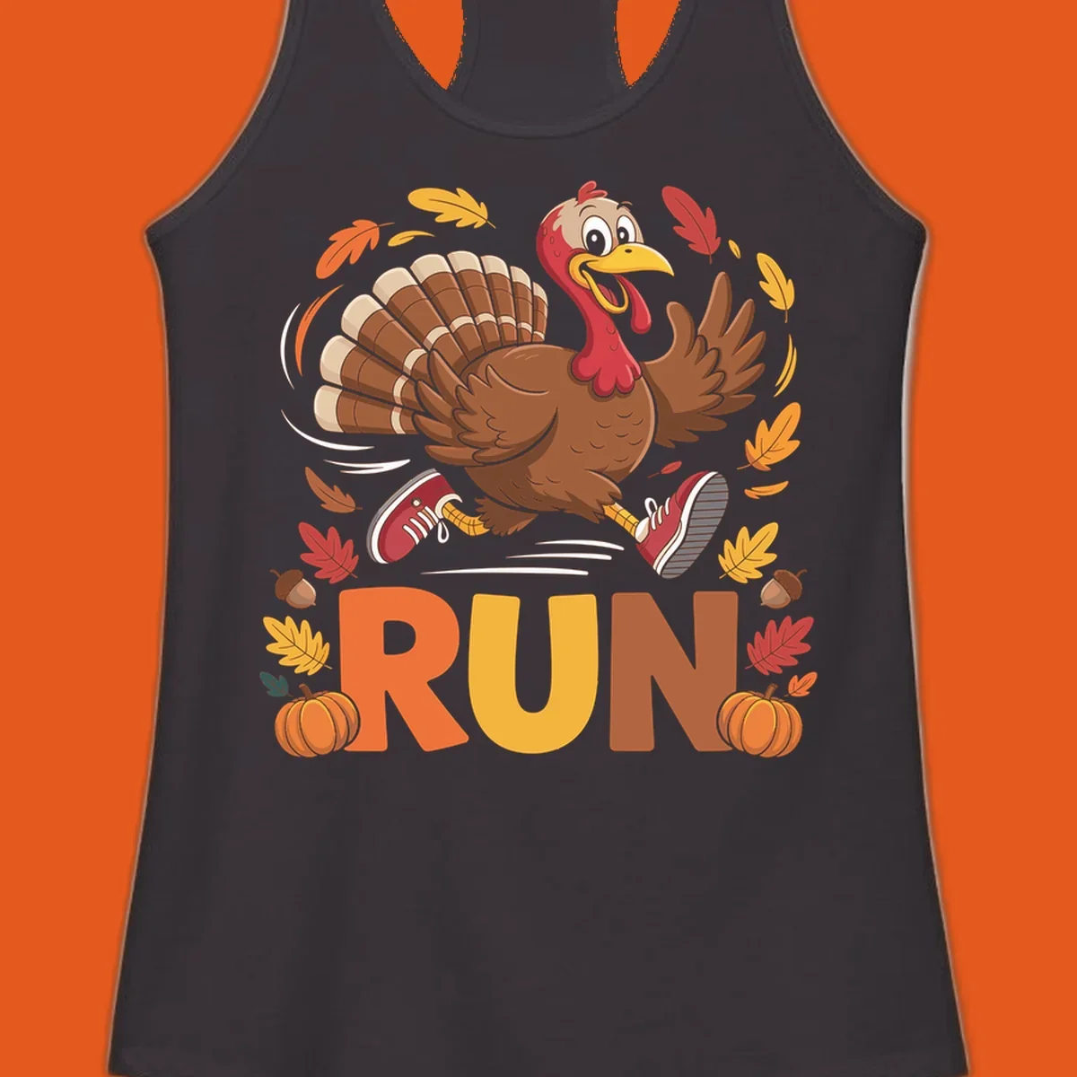 Running turkey illustration with 'RUN' text for Thanksgiving Turkey Trot races.