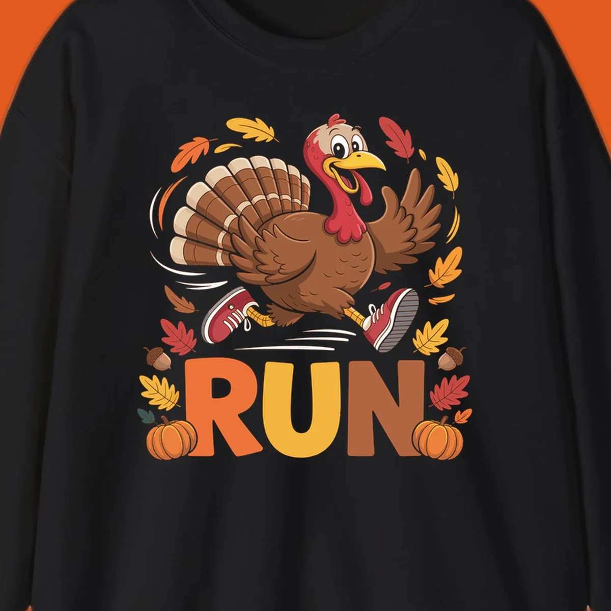 Running turkey illustration with 'RUN' text for Thanksgiving Turkey Trot races.