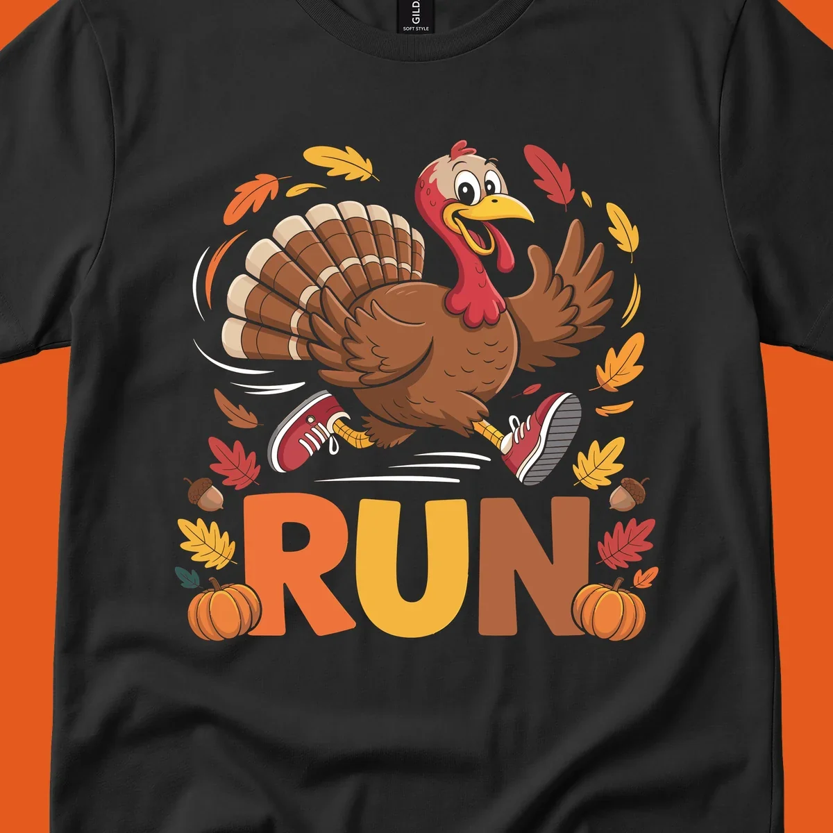 Running turkey illustration with 'RUN' text for Thanksgiving Turkey Trot races.