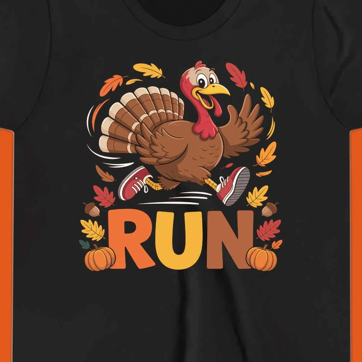 Running turkey illustration with 'RUN' text for Thanksgiving Turkey Trot races.