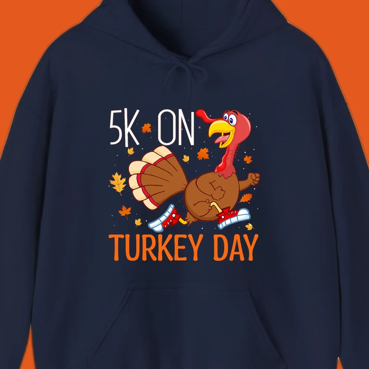 Running turkey illustration with "5K ON TURKEY DAY" text for Turkey Trot shirts.