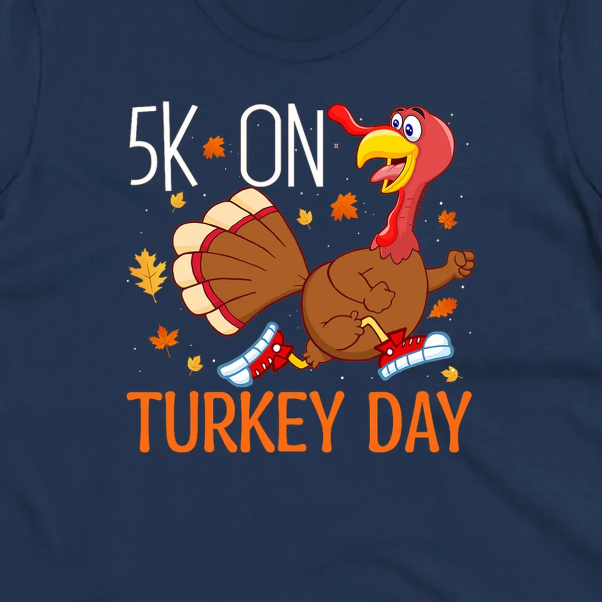 Running turkey illustration with "5K ON TURKEY DAY" text for Turkey Trot shirts.