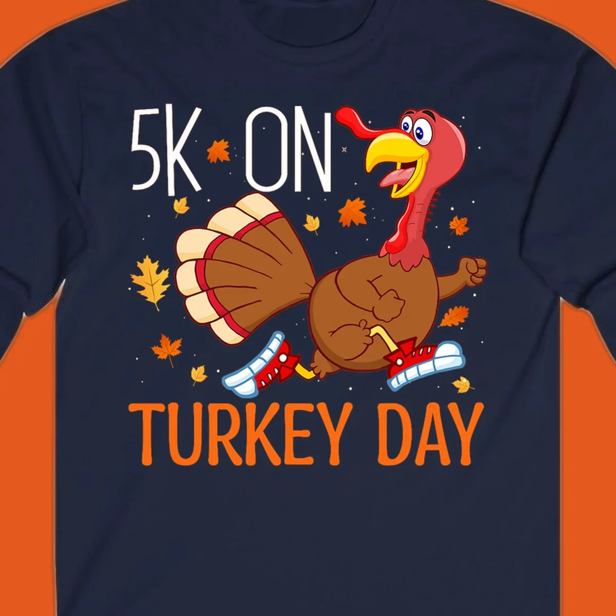 Running turkey illustration with "5K ON TURKEY DAY" text for Turkey Trot shirts.