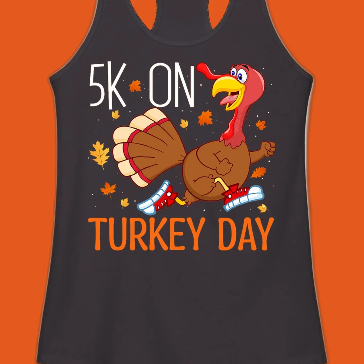 Running turkey illustration with "5K ON TURKEY DAY" text for Turkey Trot shirts.