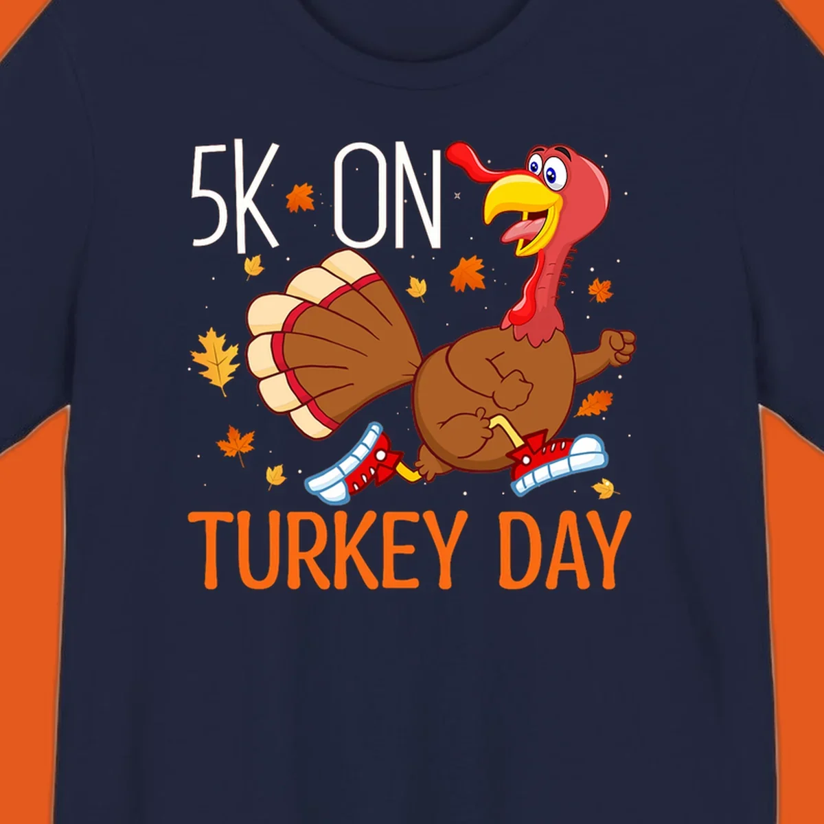 Running turkey illustration with "5K ON TURKEY DAY" text for Turkey Trot shirts.