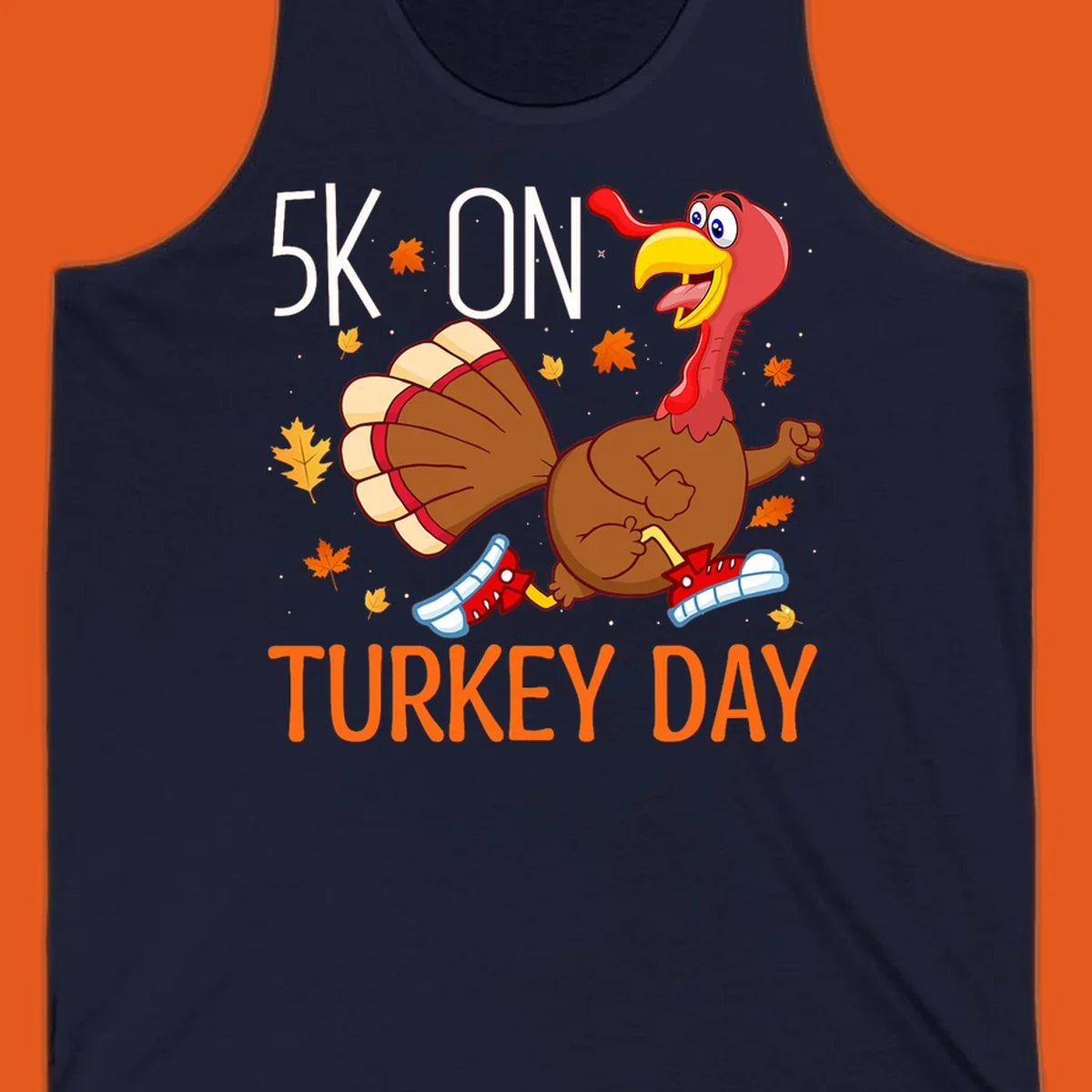 Running turkey illustration with "5K ON TURKEY DAY" text for Turkey Trot shirts.