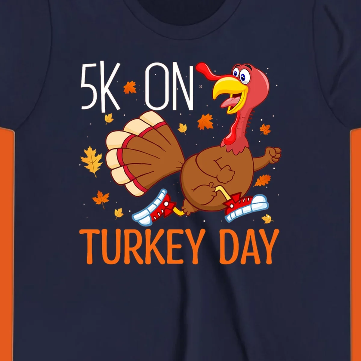 Running turkey illustration with "5K ON TURKEY DAY" text for Turkey Trot shirts.