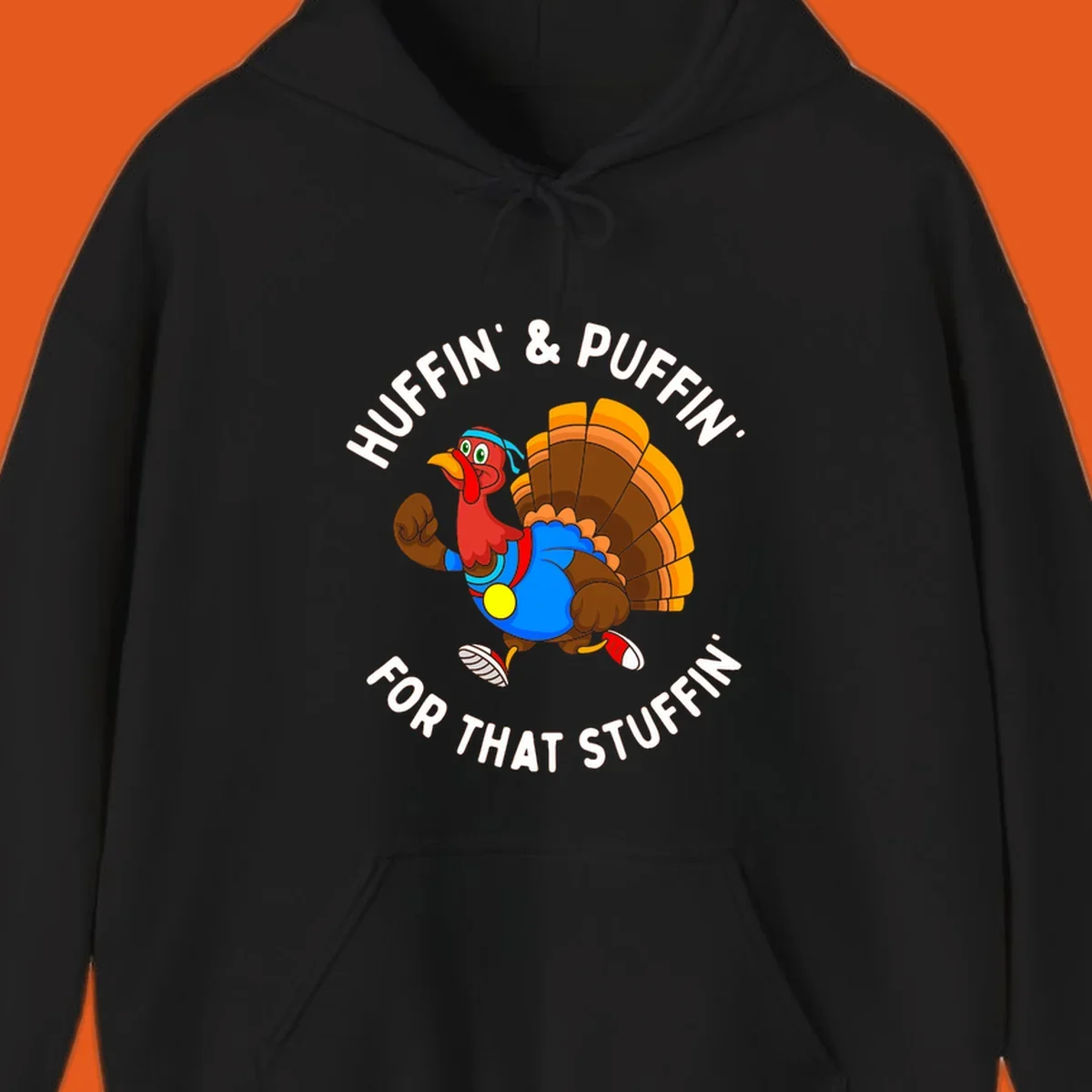 Running turkey cartoon with text 'Huffin' & Puffin' For That Stuffin'' for Turkey Trot runner.
