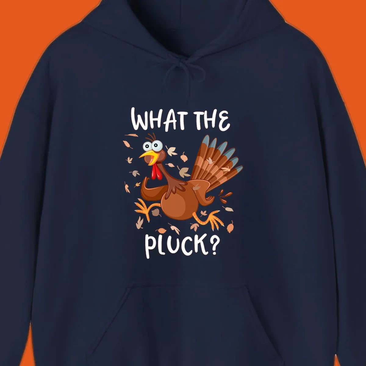 Cartoon turkey with 'WHAT THE PLUCK?' text, suitable for Turkey Trot Thanksgiving designs.