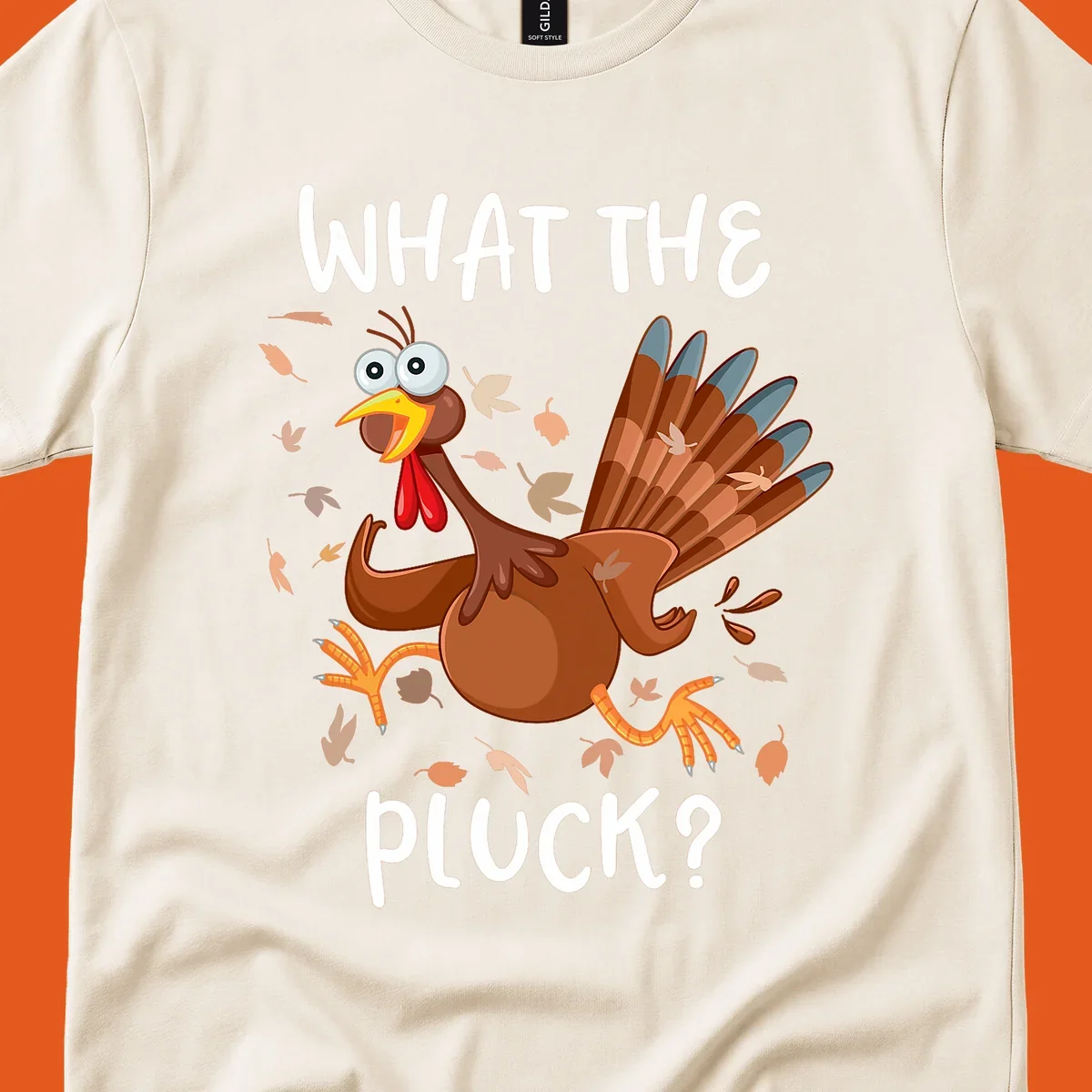 Cartoon turkey with 'WHAT THE PLUCK?' text, suitable for Turkey Trot Thanksgiving designs.