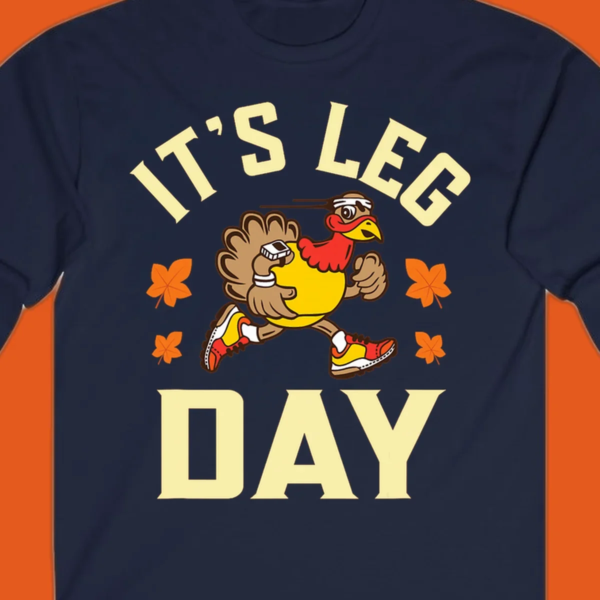 Illustration of a running turkey with 'IT'S LEG DAY' text, for a Turkey Trot shirt.
