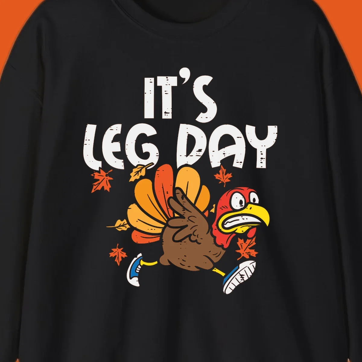 Running turkey with text 'IT'S LEG DAY' for Thanksgiving Turkey Trot shirt.