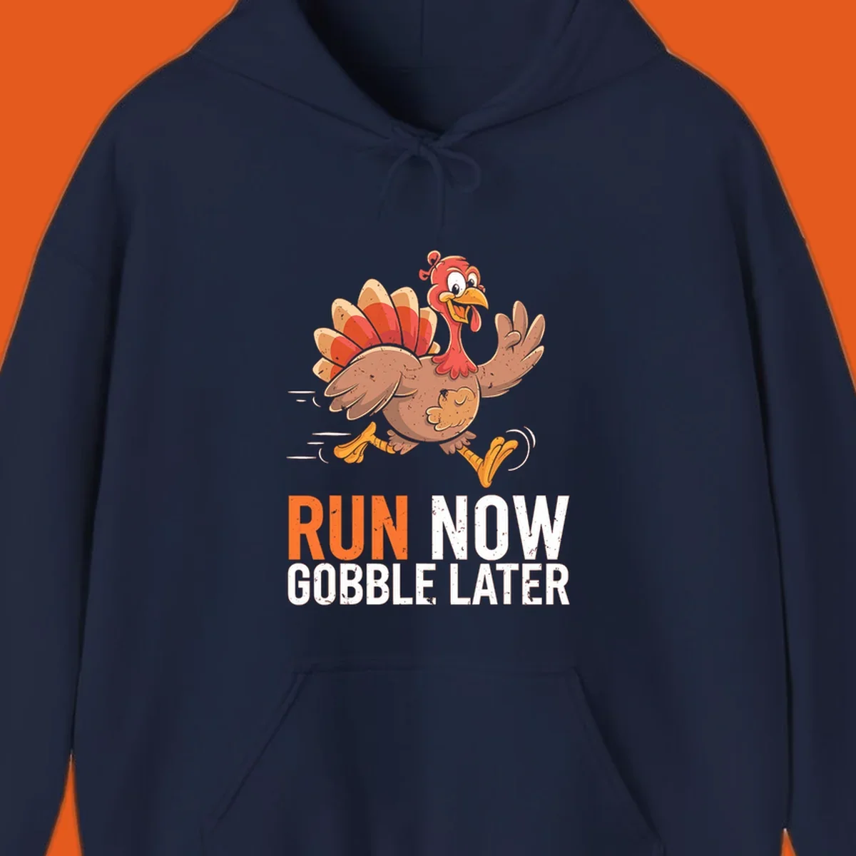 Illustration of a running turkey with the text 'Run Now Gobble Later', representing the turkey trot runner concept.