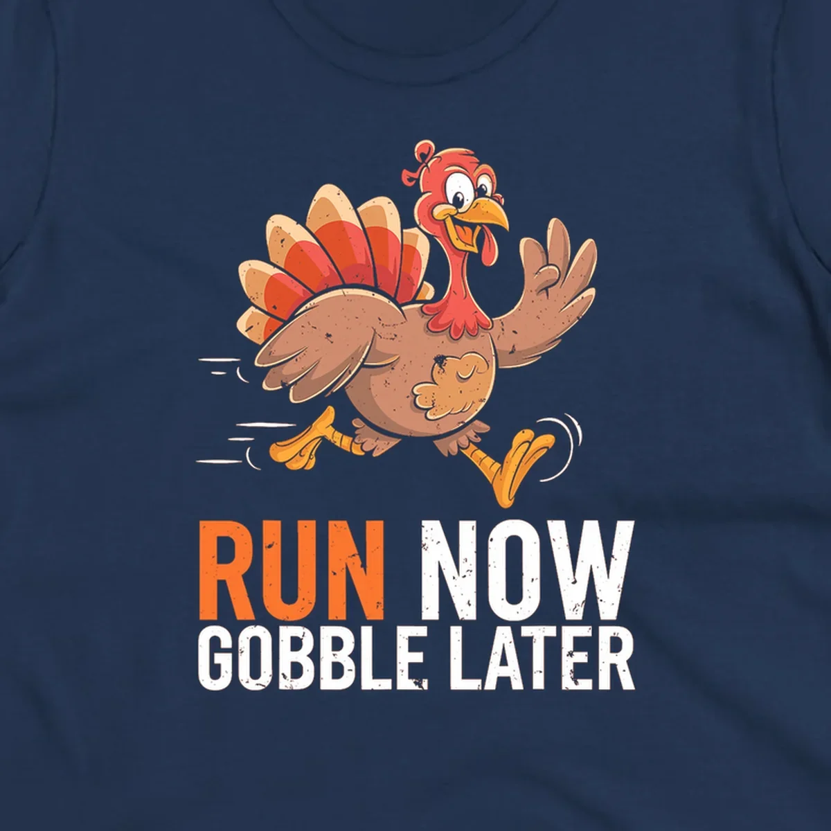 Illustration of a running turkey with the text 'Run Now Gobble Later', representing the turkey trot runner concept.