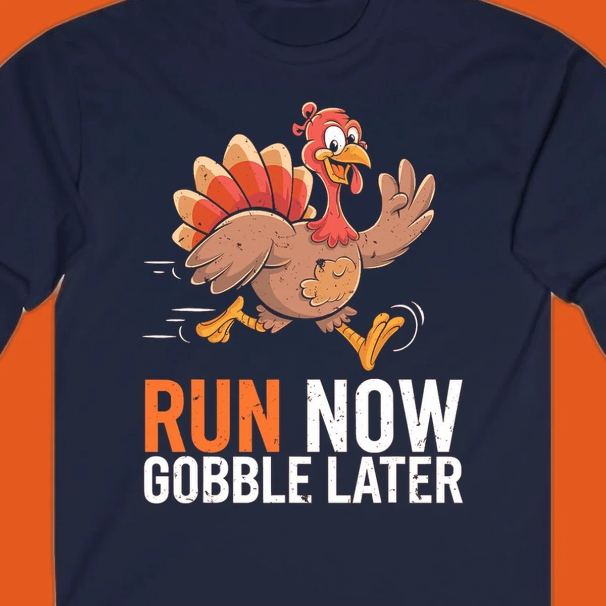 Illustration of a running turkey with the text 'Run Now Gobble Later', representing the turkey trot runner concept.