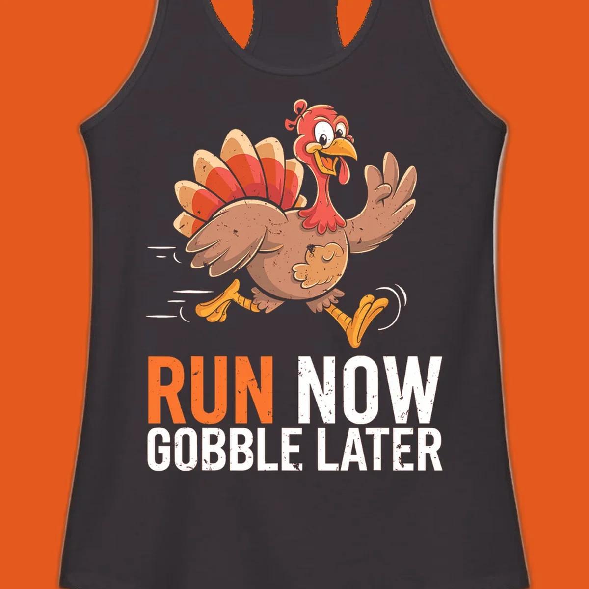 Illustration of a running turkey with the text 'Run Now Gobble Later', representing the turkey trot runner concept.