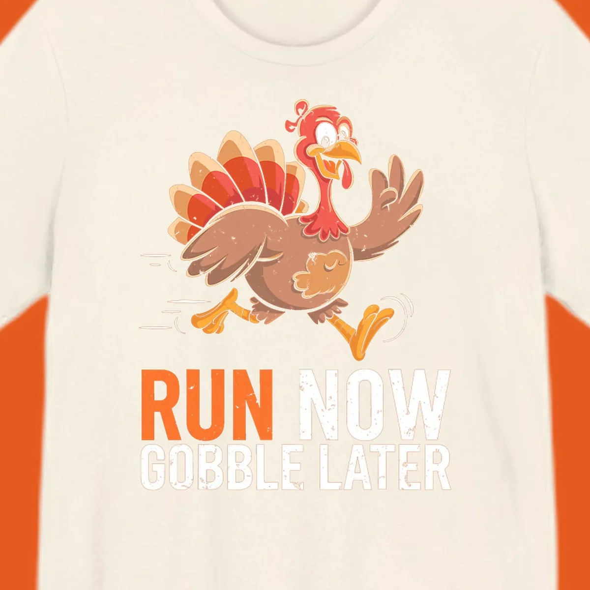 Illustration of a running turkey with the text 'Run Now Gobble Later', representing the turkey trot runner concept.
