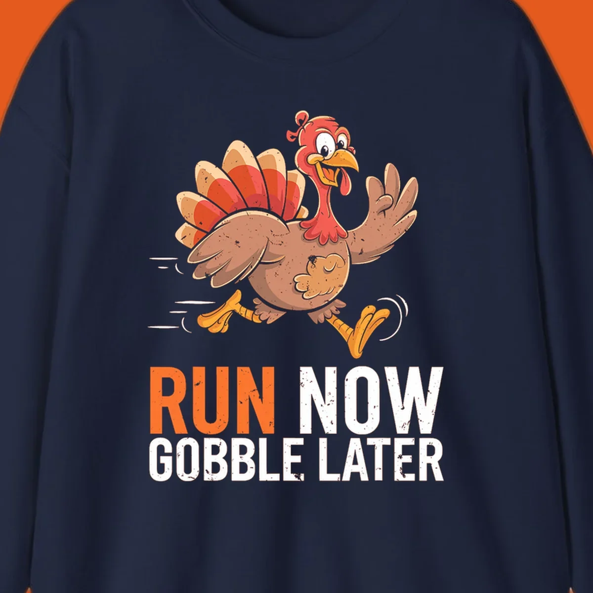 Illustration of a running turkey with the text 'Run Now Gobble Later', representing the turkey trot runner concept.