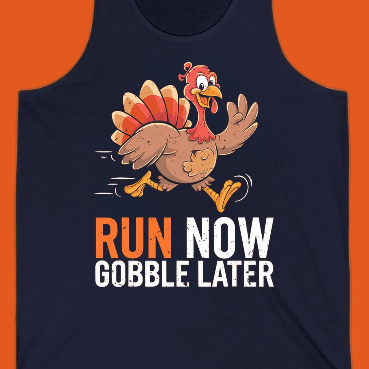 Illustration of a running turkey with the text 'Run Now Gobble Later', representing the turkey trot runner concept.