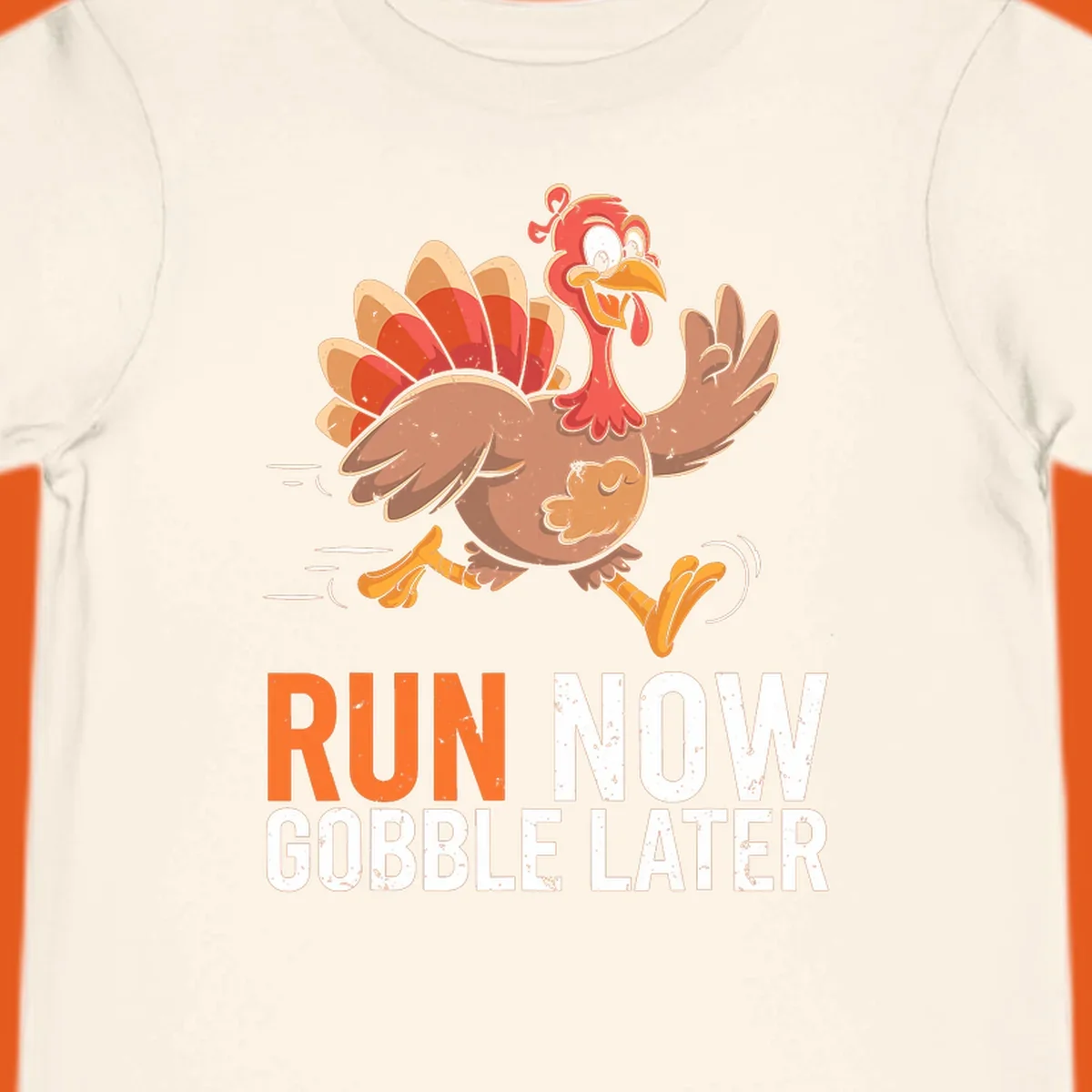 Illustration of a running turkey with the text 'Run Now Gobble Later', representing the turkey trot runner concept.