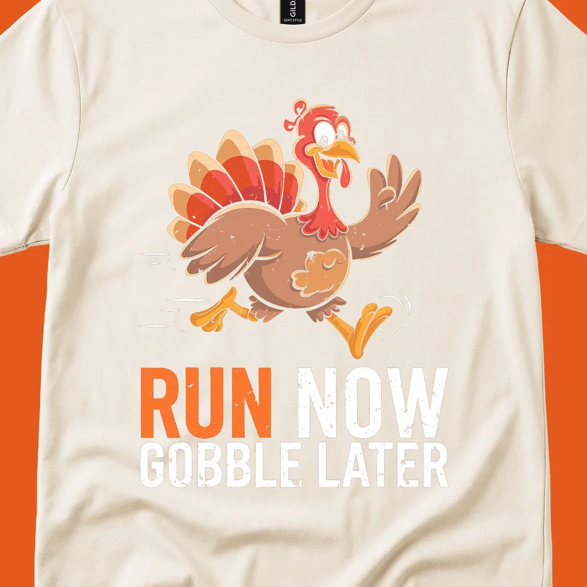 Illustration of a running turkey with the text 'Run Now Gobble Later', representing the turkey trot runner concept.