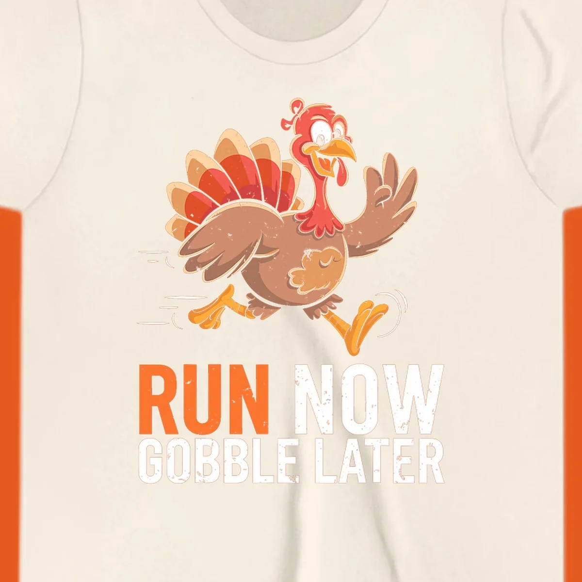 Illustration of a running turkey with the text 'Run Now Gobble Later', representing the turkey trot runner concept.