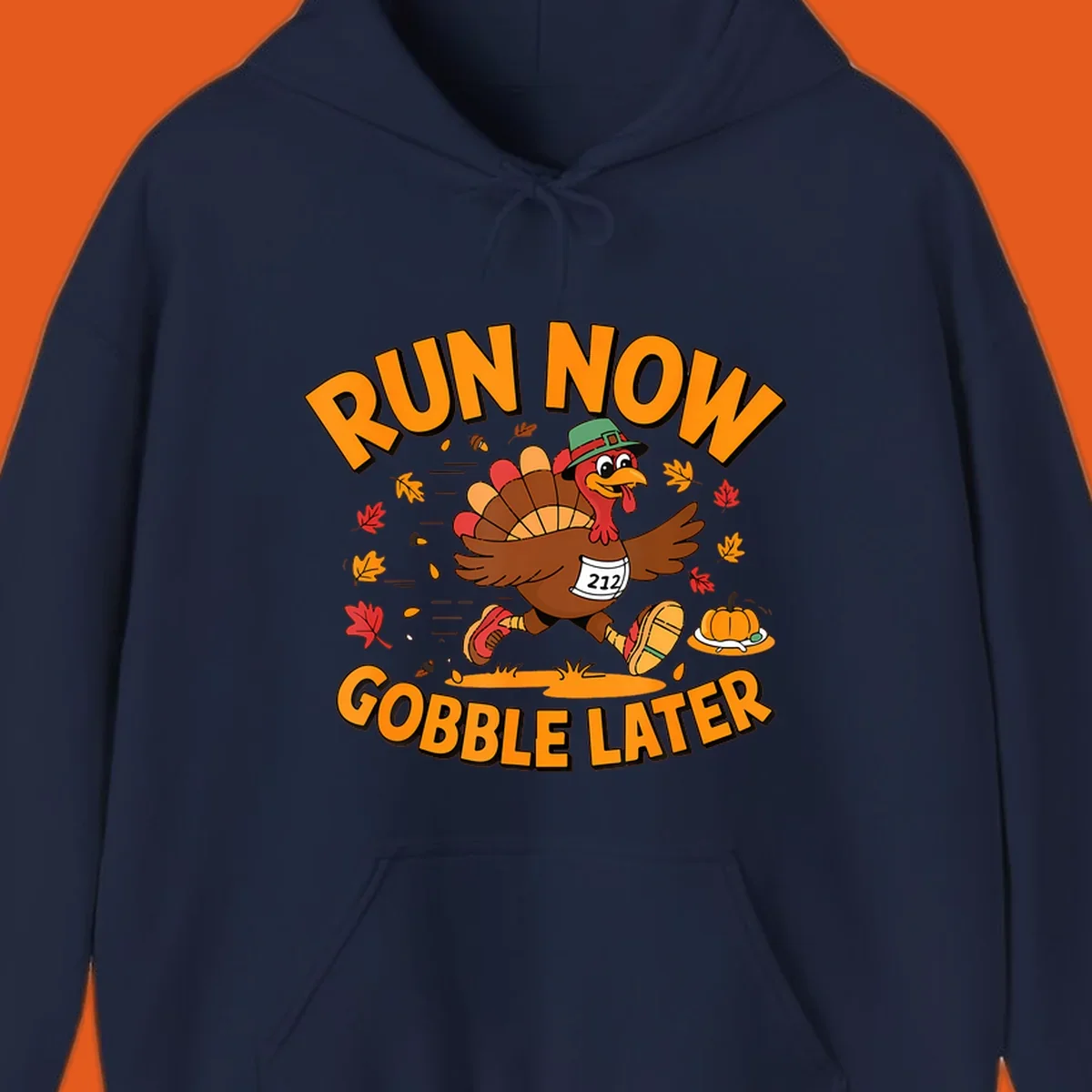 Running turkey with 'Run Now Gobble Later' text for Turkey Trot race.