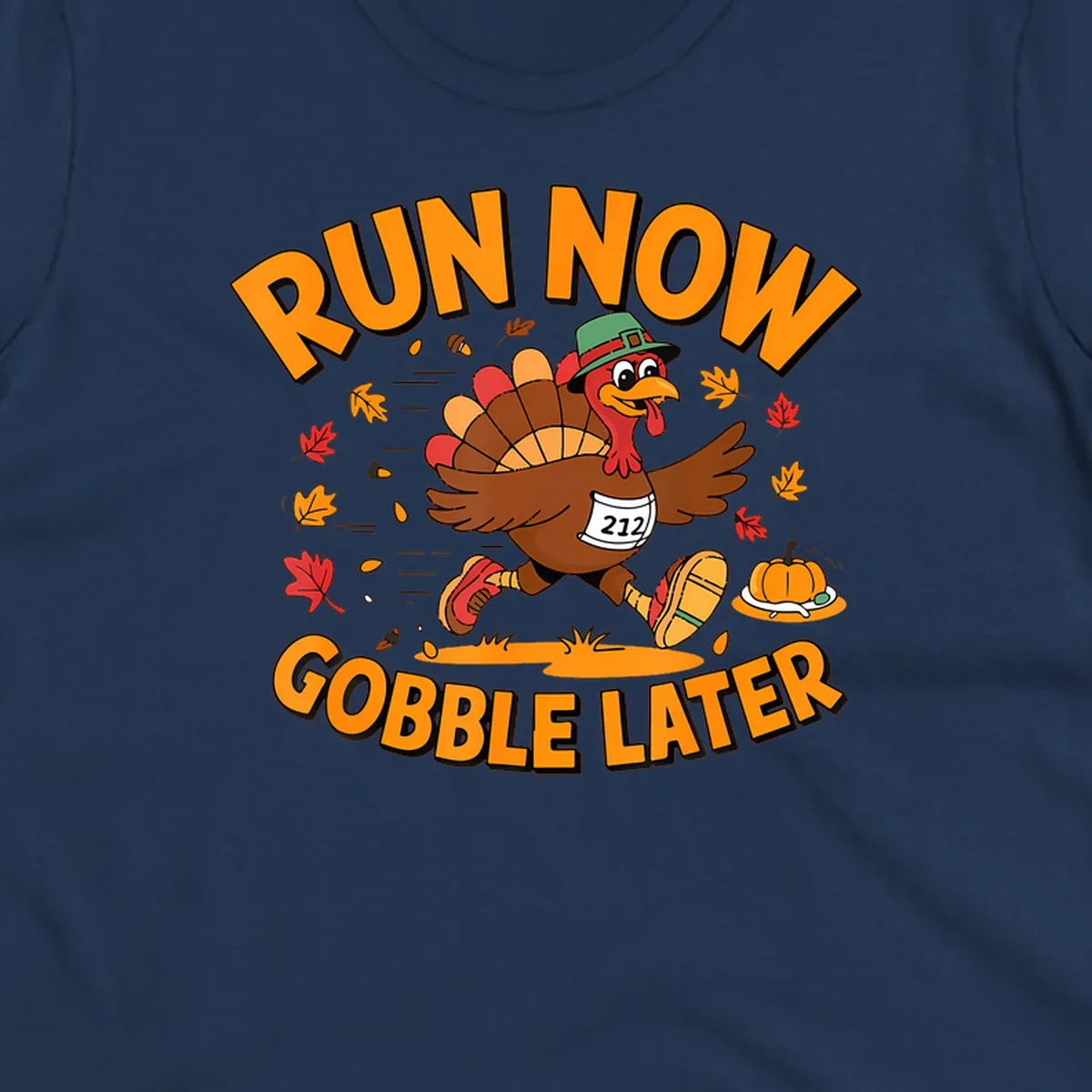 Running turkey with 'Run Now Gobble Later' text for Turkey Trot race.