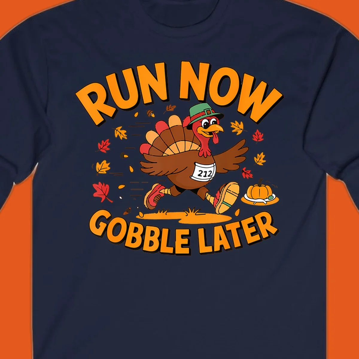 Running turkey with 'Run Now Gobble Later' text for Turkey Trot race.