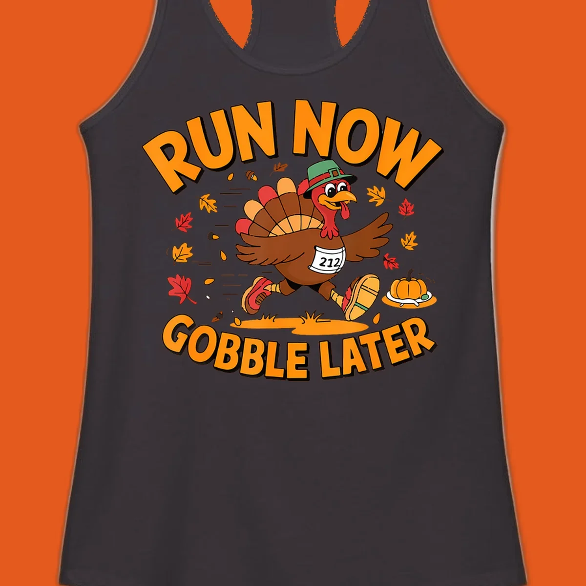 Running turkey with 'Run Now Gobble Later' text for Turkey Trot race.