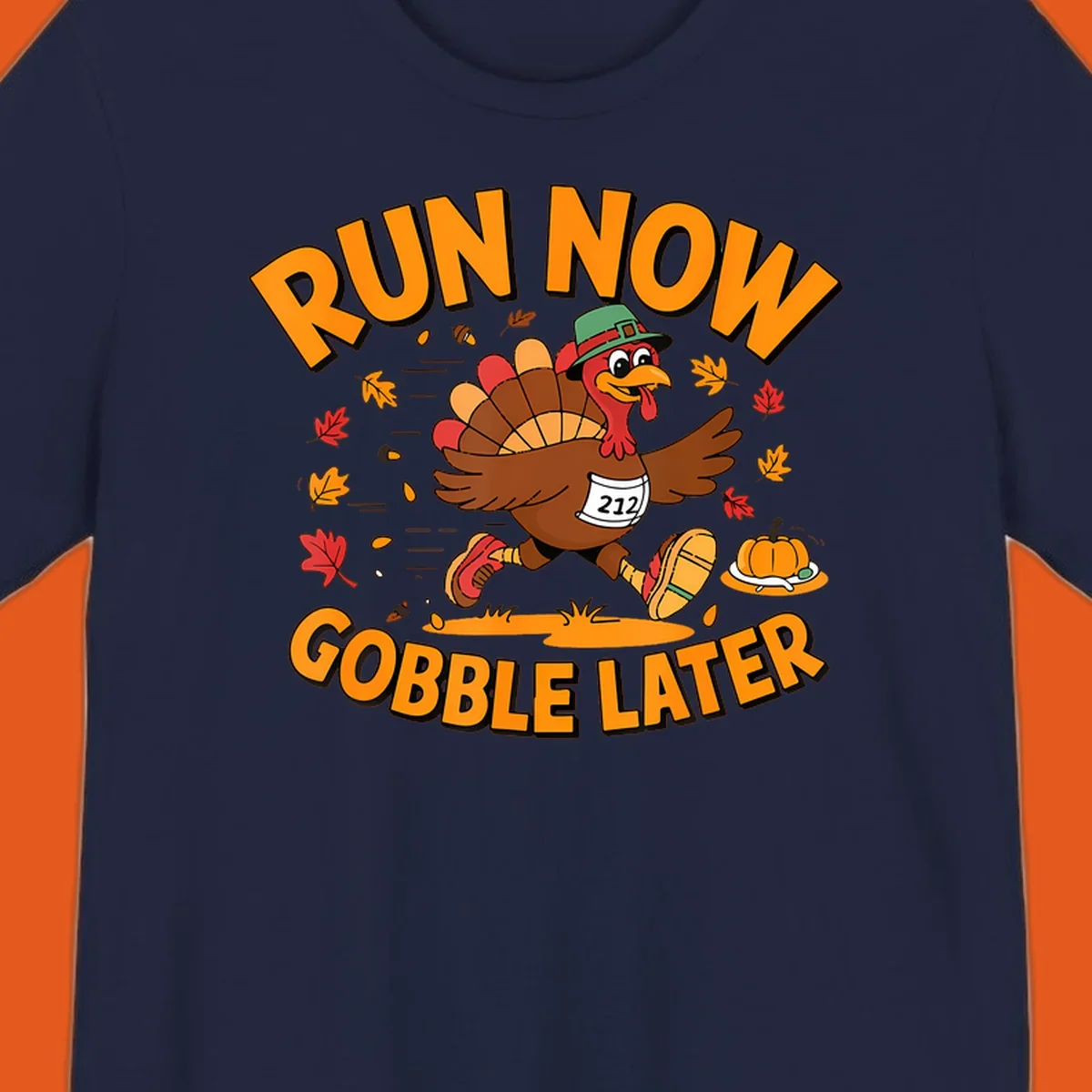 Running turkey with 'Run Now Gobble Later' text for Turkey Trot race.