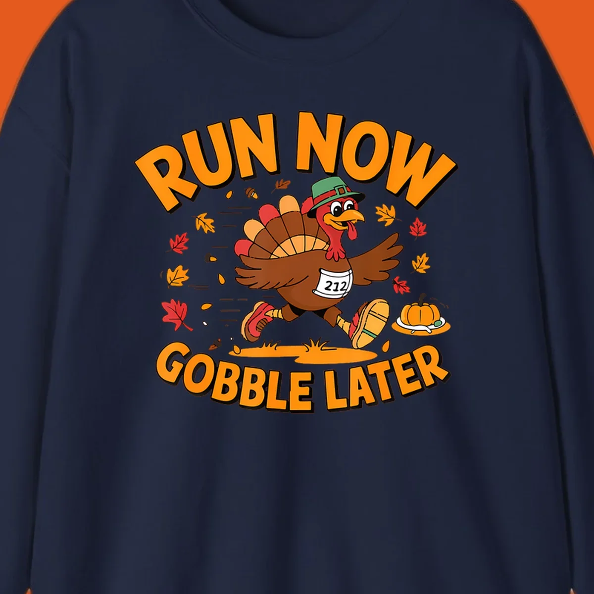 Running turkey with 'Run Now Gobble Later' text for Turkey Trot race.