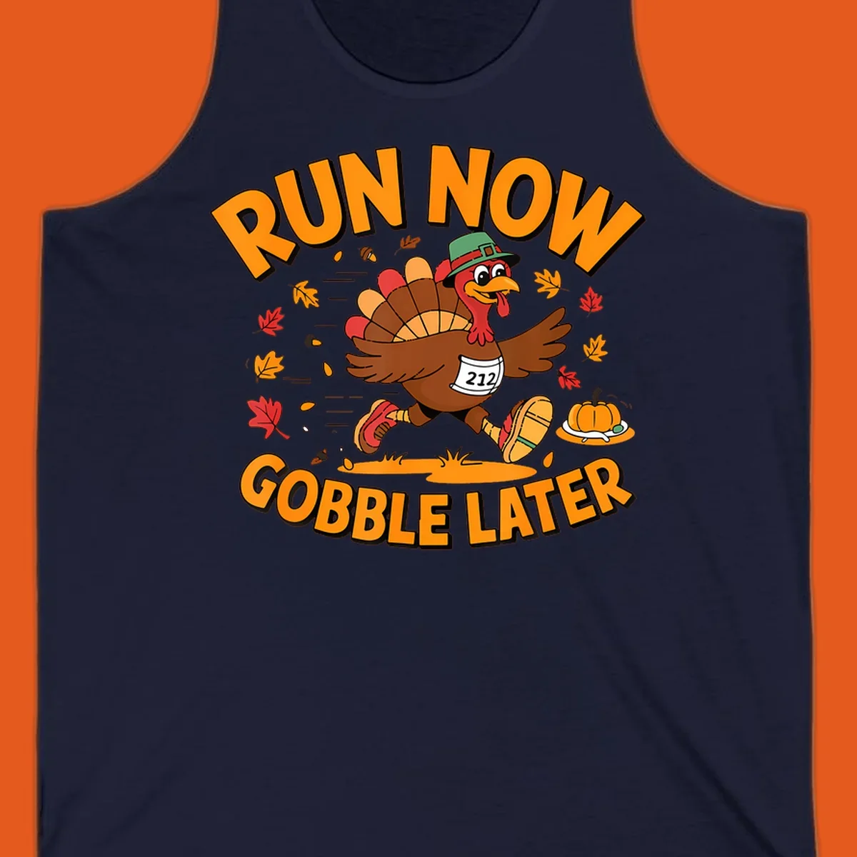 Running turkey with 'Run Now Gobble Later' text for Turkey Trot race.